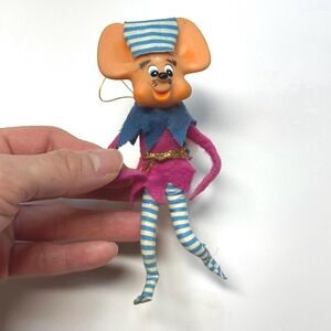 Vintage Pixie Mouse Figurine- Rubber Face Knee Hugger Christmas ornament- Japan